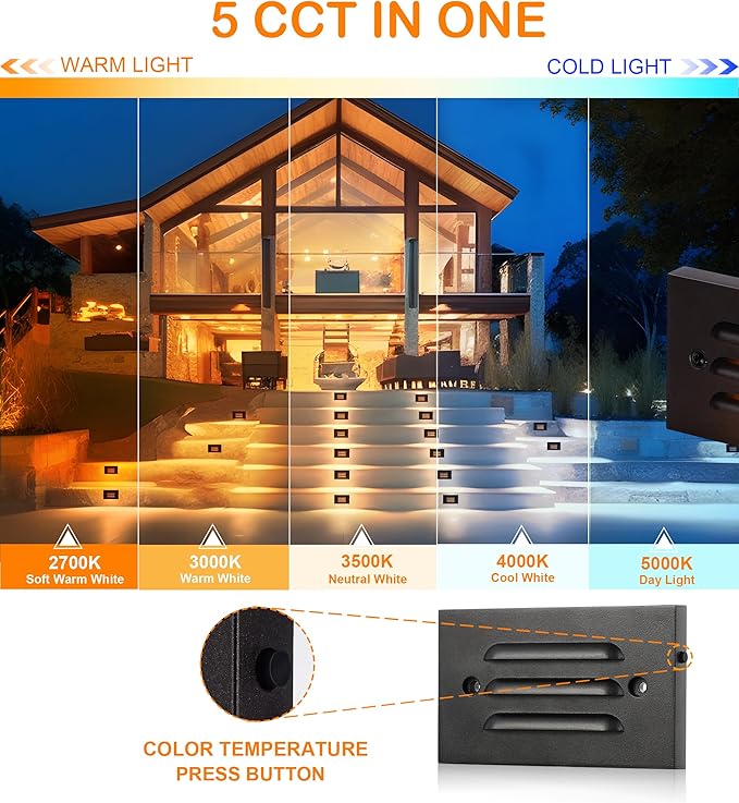 CLOUDY BAY 5CCT 12V 4W Low Voltage LED Step Light with Horizontal Louvered Faceplate for Steps Decks Stairs,Outdoor Stair Lights,Wet Locations,6 Pack,Black