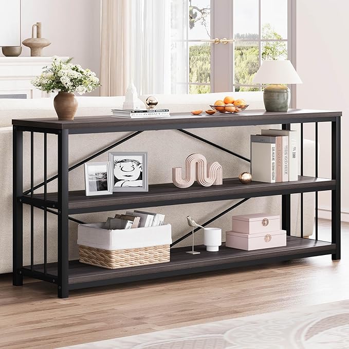 LVB 3-Tier Rustic Console Table, Extra Long Entryway Table with Storage, Industrial Skinny Wood Metal Sofa Table with Shelf, Modern Narrow Hallway Table for Foyer Living Room Bedroom, Dark Gray, 70 In