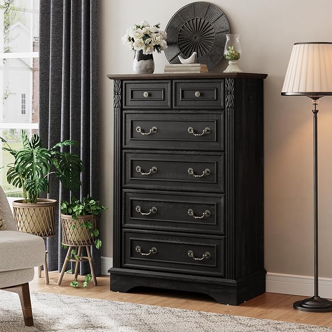 Farmhouse 6 Drawers Dresser, Wood Dressers for Bedroom, Tall 6 Chset of Drawers with Carved Wood Pilasters, Rustic Dressers Organizer for Bedroom, Hallway, Black