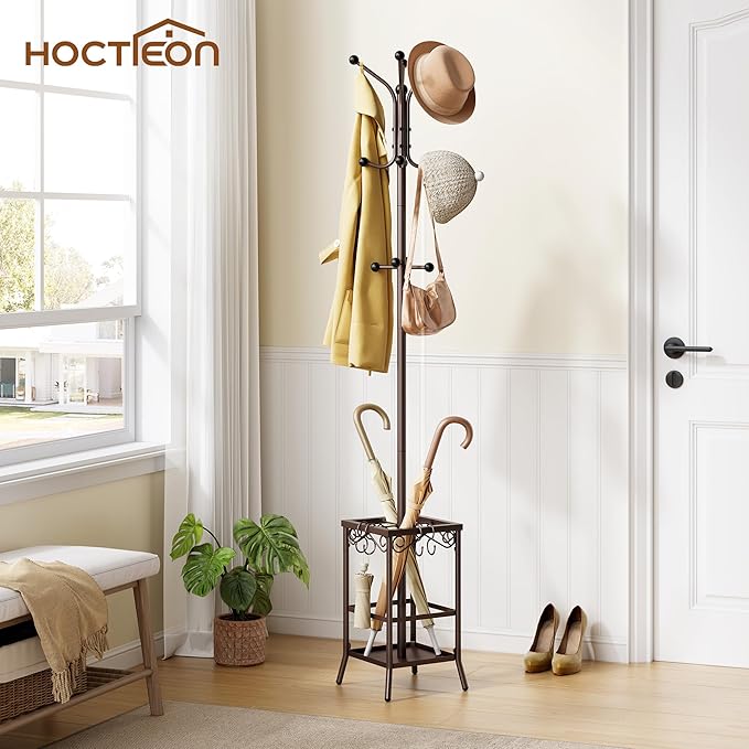 Hoctieon Coat Rack Freestanding, Coat Tree with Umbrella Holder, Metal Coat Rack Stand with 12 Hooks, Standing Coat Hanger Stand, Umbrella Stand for Entryway, Hat Rack Stand for Home Office, Brown