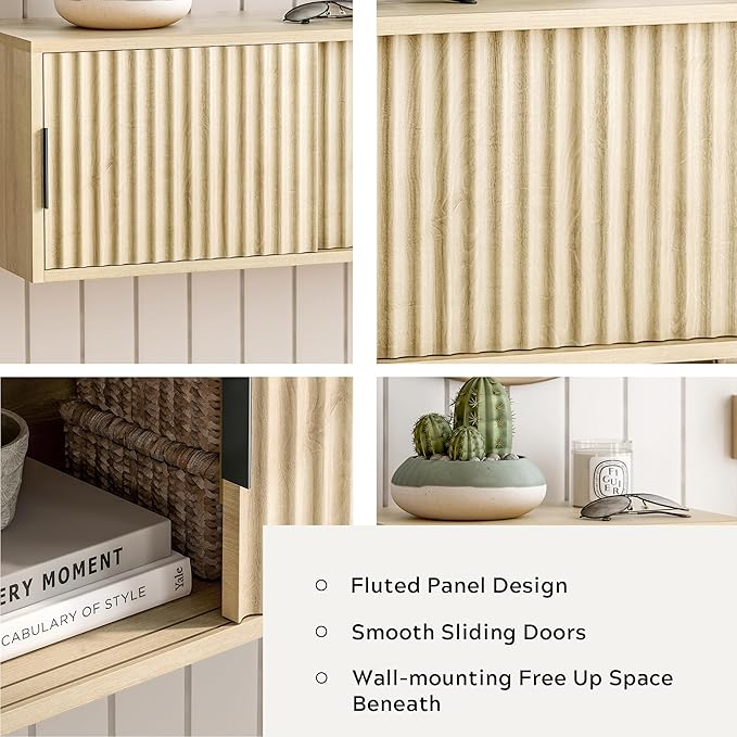 Fluted Floating TV Stand Set of 2, 30" Multi-Purpose Modern TV Display Shelf Console Entertainment Center Cabinet with Sliding Doors for Bedroom Living Room Entryway, Light Oak