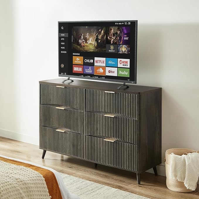 55" Wide Fluted 6 Drawer Dresser, Mid Century Modern Curved Dresser, Light Wood Chest of Drawers for Bedroom, Living Room and Entryway, Dark Grey