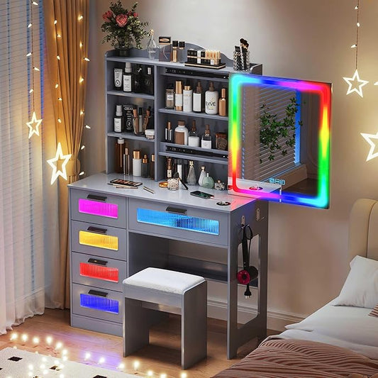 LED Vanity with Sliding Mirror, Smart Makeup Table with 5 Drawers 6 Shelves, Make Up Vanity Desk with Charging Station 14 Color Lighting Modes, Cushioned Stool, USB Type-C for Bedroom Gray