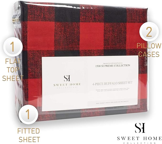 1500 Supreme Collection Buffalo Print Sheet Set, King Size - Luxury Bed Sheets Set with Deep Pocket Wrinkle Free Bedding, King, Burgundy/Black Buffalo Print