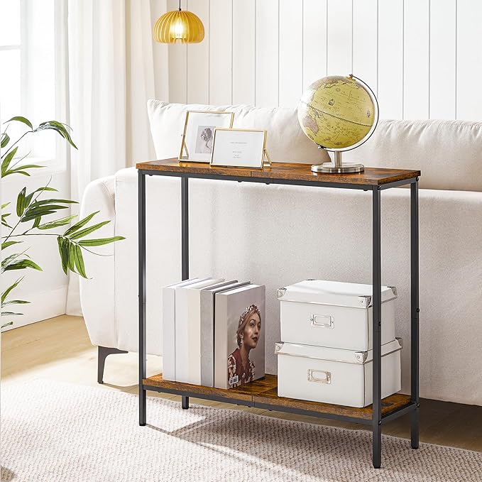 HOOBRO 29.5"L Narrow Console Table, 8.7"D Couch Table Behind Sofa, Small Entryway Table with 2-Tier Storage Display Shelves, for Hallway, Foyer, Living Room, Bedroom, Rustic Brown and Black BF22XG01