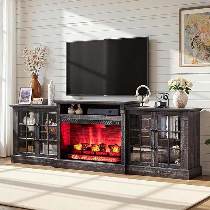 AMERLIFE 97" Farmhouse Fireplace TV Stand, Entertainment Center with Large Storage Space and Adjustable Shelf, Media Console for Living Room, Black