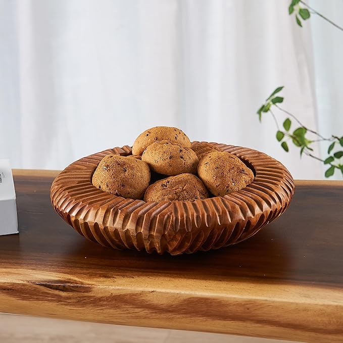 Teak Handcrafted Wooden Bowls Natural Wood Round Utility Bowl 15.7" W Handmade Rustic Serving Platter Fruit Snack Holder for Entry Table Vintage Artworks Dining Room Home Décor