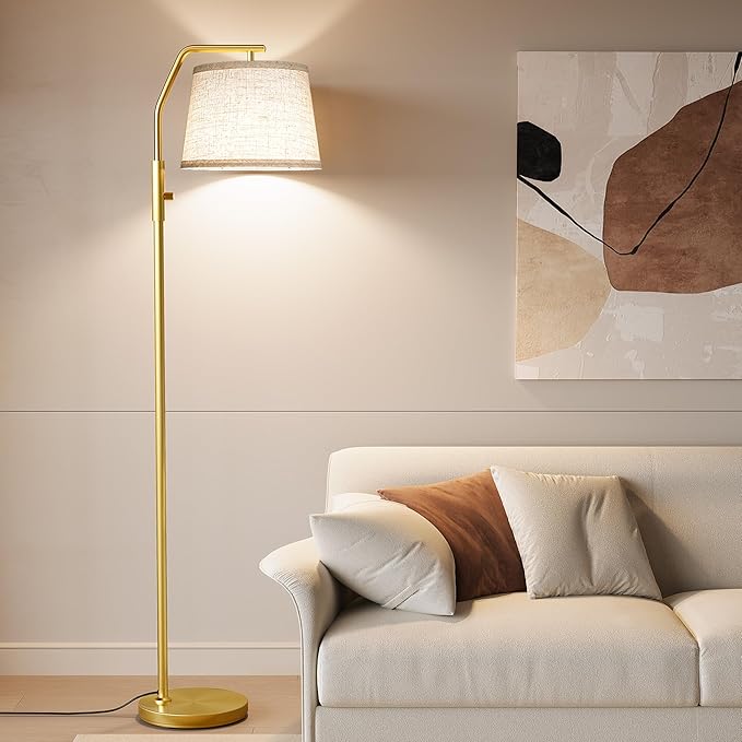 SUNMORY Floor Lamps for Living Room, 9W Bulb Included, Lamp for Bedroom with Adjust Head, Standing Lamp with Rotary Switch, 0-100% Dimmable Floor Lamp for Living Room Bedroom Office Nursery, Gold.