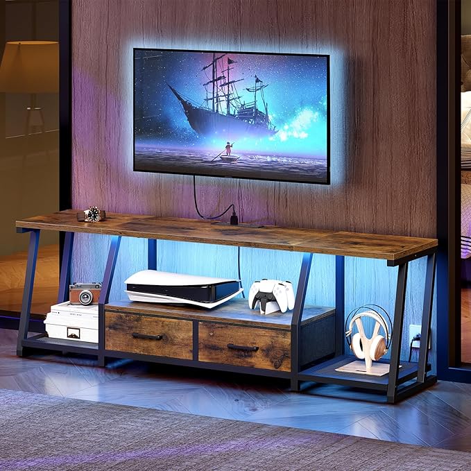 LED TV Stand with Fabric Drawers for 75 Inch TV, Entertainment Center with Power Outlets and Open Storage Shelves, Industrial Media TV Console Table for Living Room, Bedroom, Rustic Brown
