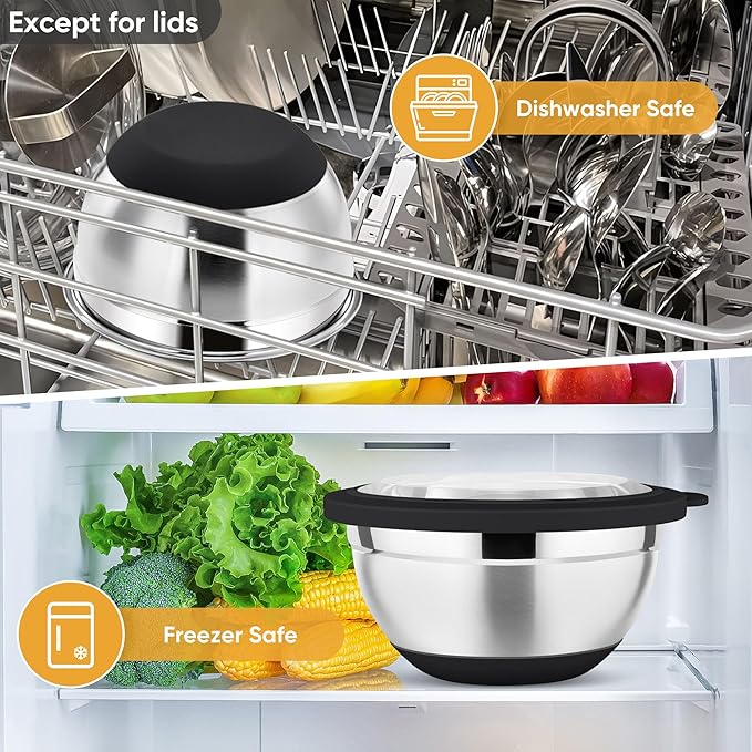 P&P CHEF Black Mixing Bowls Set of 6, Stainless Steel Mixing Bowl with Visible Lids for Salad, Metal Nesting Serving Bowls for Kitchen Cooking Prepping Storing Food, 4.6/3.5/2.6/2/1.5/1 QT