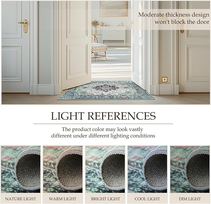 Area Rugs 4ft Washable Non-Slip, Floral Vintage Distress Print Pattern Medallion Carpet for Living Room Bedroom Dining Room, Green Navy Blue White Red Teal Colorful