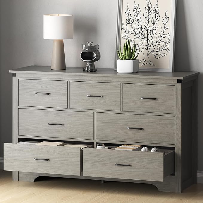 Farmhouse 7 Drawer Dresser for Bedroom, 51" Wide Chest of Drawers, Wooden Dresser TV Stand, Storage Dressers Organizer for Bedroom, Living Room, Hallway, Grey