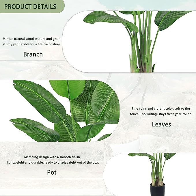 Birds of Paradise Plant Artificial, 4FT Fake Plants Faux Banana Leaf Tree with 9 Banana Leaves, Lifelike Tall Fake Tropical Palm Indoor Silk Floor Plant in Black Pot for House,Office,Room,Home Decor