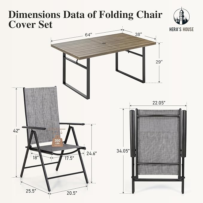 HERA'S HOUSE 7-Piece Outdoor Dining Set for 6, 64" Weather-Resistant Metal Patio Table with 6 Foldable Grey Chairs, Perfect for Garden, Backyard, Porch & Lawn (Space-Saving Design)