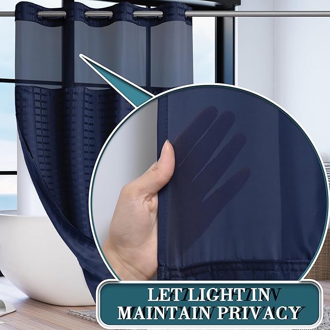 Conbo Mio Stall No Hook Shower Curtain with Snap in Liner Set, Hotel Luxury Navy Blue Shower Curtains for Bathroom with See Through Top Window, Waterproof, Washable 54W x 74H