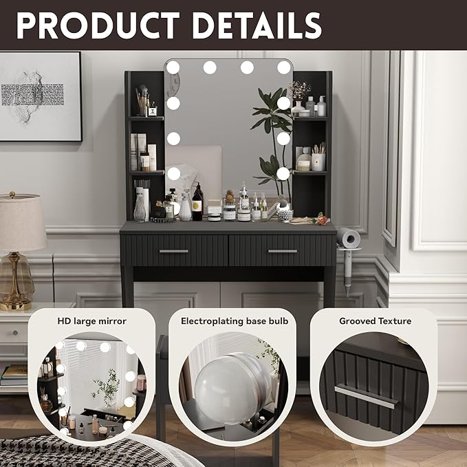 Vanity Desk with LED Lighted Mirror, Makeup Vanity with 3 Adjustable Lights, 2 Large Drawers and 4 Open Shelves, Black Vanity with Storage Stool for Bedroom