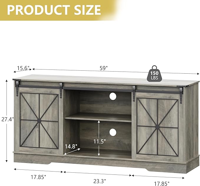Farmhouse TV Stand for 65/60/55 Inch Tvs, Rustic Entertainment Center with Storage Cabinets & Sliding Barn Doors, Modern Media Console Table, Wood Television Furniture for Living Room, Bedroom, Grey