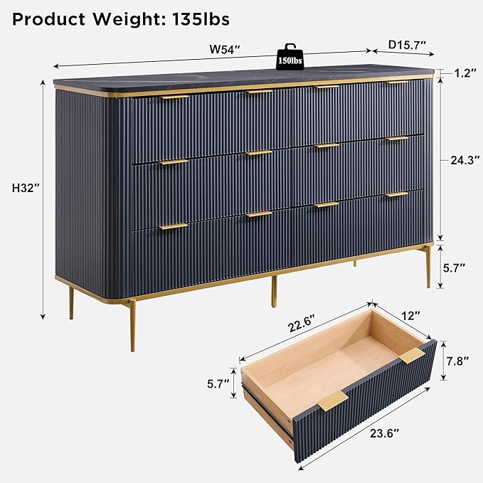 T4TREAM Fluted 6 Drawers Dresser for Bedroom, 54" Wide Modern Dresser TV Stand, Gold Accents, Fluted Fronts, Wood Storage Dressers Organizer for Bedroom, Living Room, (Dark Grey)