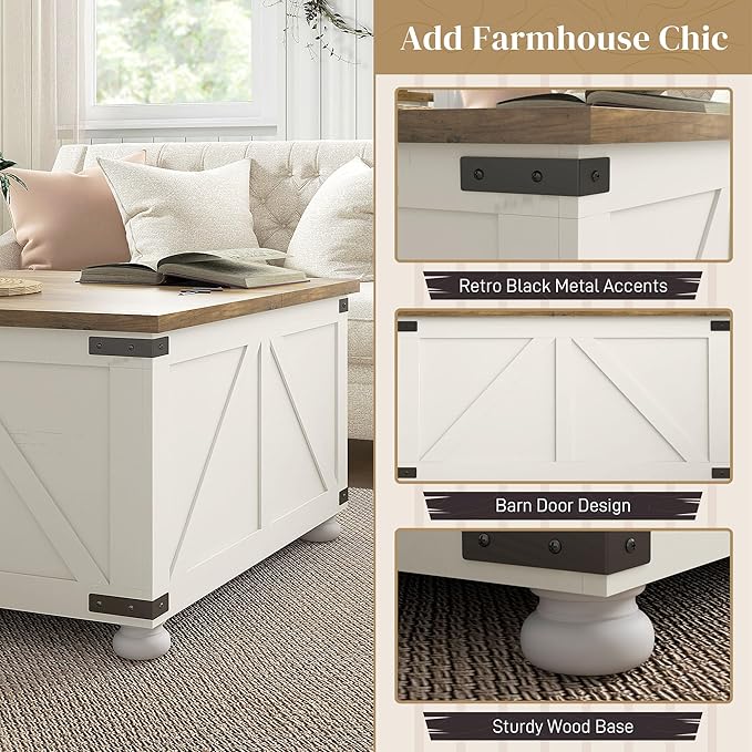 HOMCOM Farmhouse Coffee Table, 31.5" Square Coffee Table with Storage, Living Room Center Table with Hinged Flip Lift Top and Hidden Space, Antique White