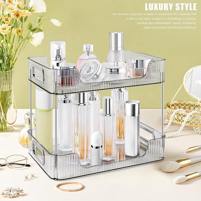 2-Tier Bathroom Counter Organizer Countertop Storage, Dresser Organizer Vanity Tray for Makeup, Perfume Organizer Cosmetics Skincare Shelf - Grey