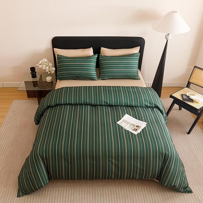 Luxlovery Striped Comforter Set Twin Boys Kids Dark Green Bedding Set Geometric Modern Stripe Pattern Blanket Quilts Durable Lightweight All Season 3PCS Comforter Set