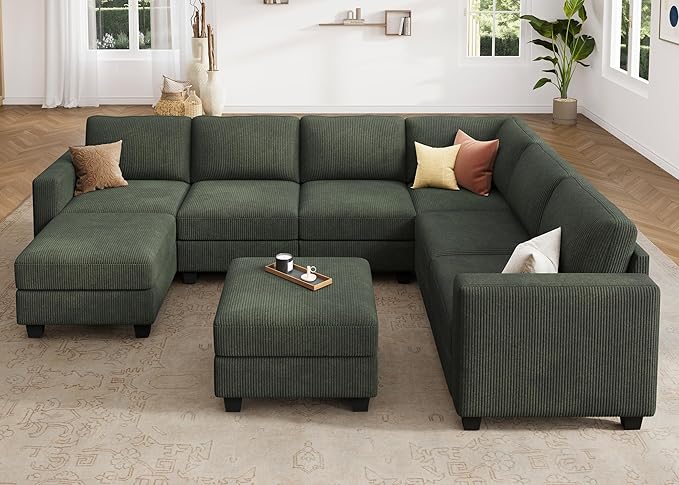 HONBAY Corduroy Sectional Couch with Storage U Shaped Sectional Sofa Modular Sectional Couches for Living Room, Green