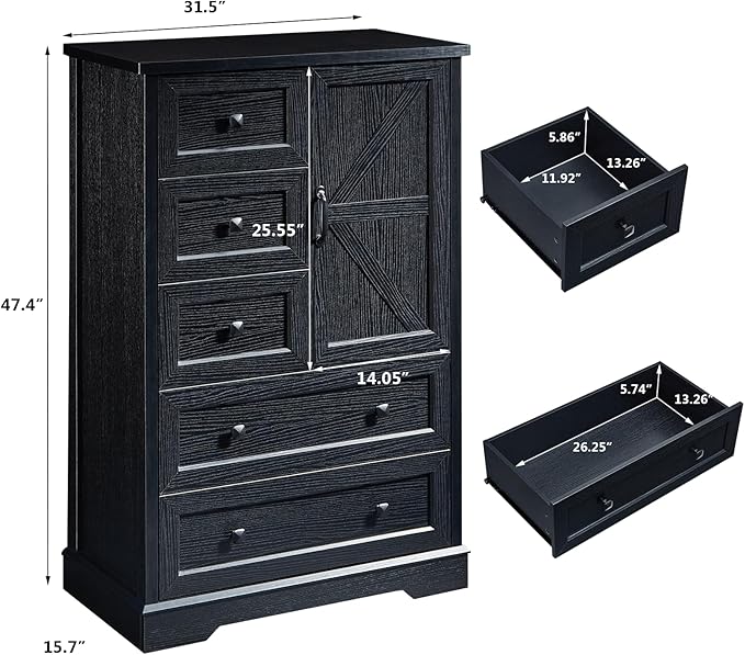 LIDYUK 5 Drawer Black Dresser for Bedroom Farmhouse Dresser Chest of Drawers, 48" Tall Clothes Organizer with Storage Cabinet Wood Chest of Drawers for Bedroom, Living Room