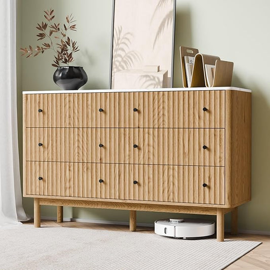 Fluted 6 Drawers Dresser for Bedroom, 54" Wide Modern Chest of Drawers with Faux Marble Top, Curved Profile Design, Solid Wood Legs, Wodden Dresser TV Stand, Storage Organizer for Bedroom,Oak