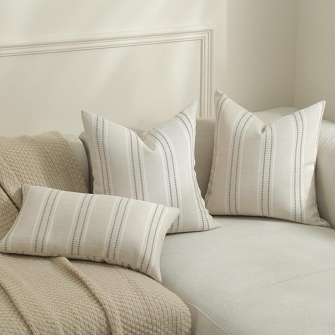 Hckot Throw Pillow Covers 20x20 Set of 2 Striped Pillow Covers Textured Linen Decorative Pillows Square Cushion Covers for Sofa Couch Bed Living Room Farmhouse Decor,Greyish Green