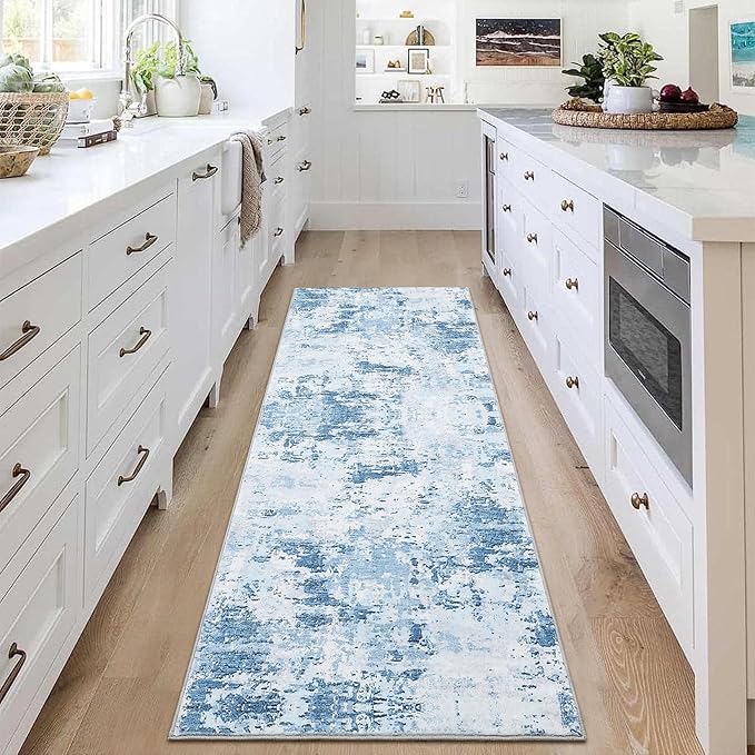 2x6 Modern Abstract Runner Rug Non Slip Soft Stain Resistant Low Pile Machine Washabl Non Shed Rug for Hallway Kitchen Bathroom, Blue