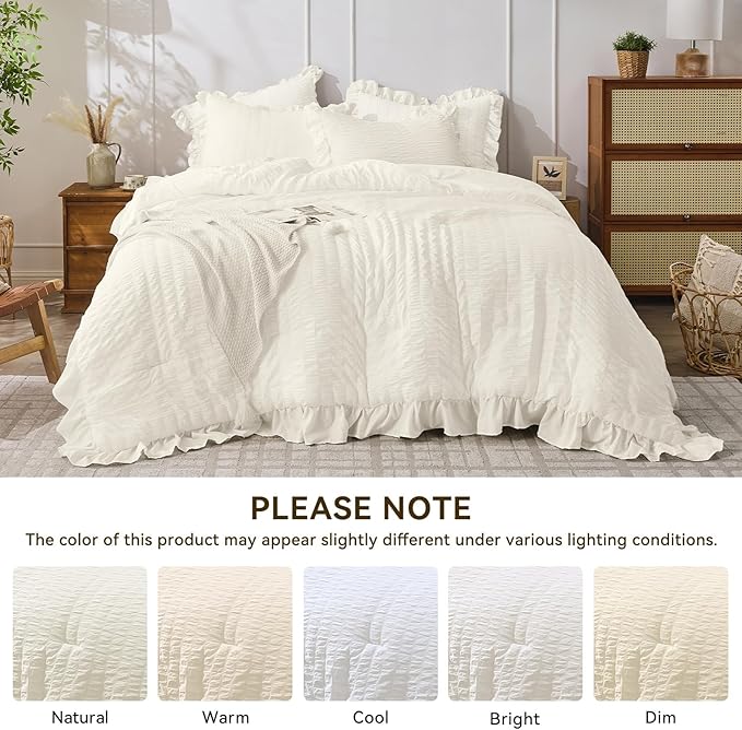 JOLLYVOGUE Ivory Queen Comforter Set, 3 Pieces Seersucker Comforters Queen Size, Lightweight & Fluffy Bedding Sets Queen for All Season with 1 Ruffle Comforter and 2 Ruffle Pillowshams