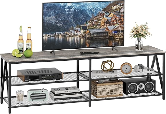 TV Stand for TVs up to 70 Inch, 63" Long Industrial TV Console Table with 3-Tier Storage Shelves, Entertainment Center for Living Room, Bedroom (Gray)
