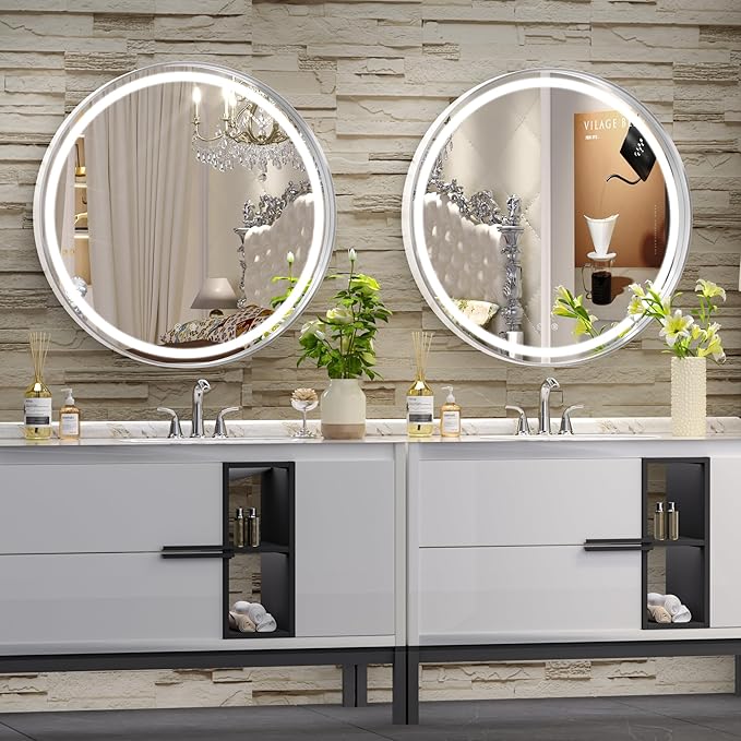Hasipu 24 Round LED Mirror for Bathroom with Lights, Silver Circular Vanity Mirror for Wall, Metal Framed Frontlit Bathroom Mirrors Anti-Fog, Dimmable, 3 Colors Makeup Mirror Wall Mounted