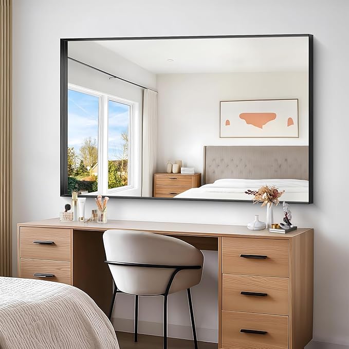 Black Bathroom Mirror, 60x40 Inch Rectangular Framed Mirror, Large Wall Mounted Bathroom Vanity Mirror Over Sink for Bedroom,Restroom, Living Room, Hangs Vertically or Horizontally