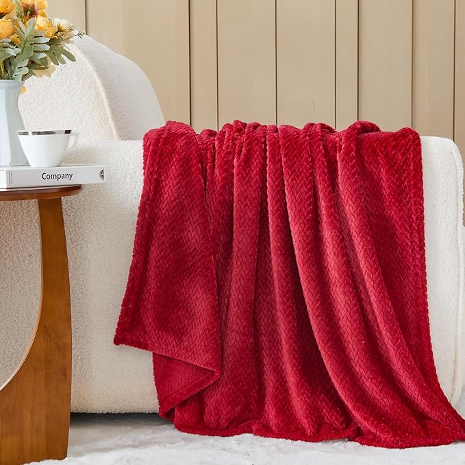 NEWCOSPLAY Super Soft Queen Blanket Red Premium Silky Flannel Fleece Leaves Pattern Lightweight Bed Blanket All Season Use (Red, Queen(90"x90"))