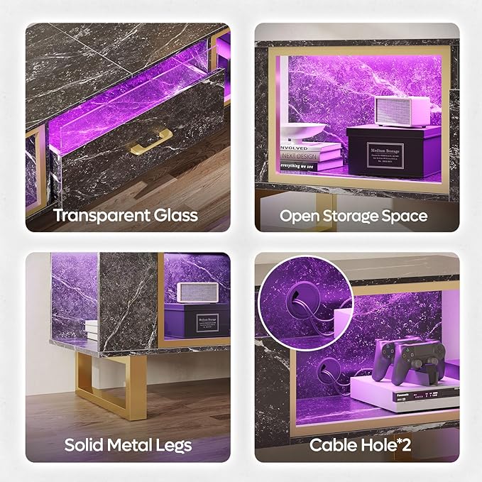 Bestier 80 Inch TV Stand for 65/75/85/90 Inch TVs, LED Gaming Entertainment Center for PS5 with Open Storage and Drawer, Modern High Gloss Media Console for Living Room Bedroom, Black Marble