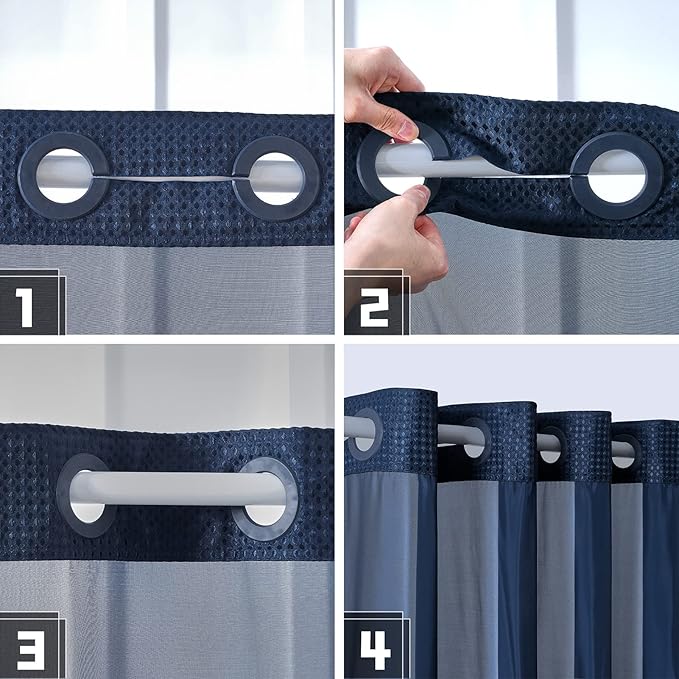 No Hook Waffle Weave Shower Curtain with Snap in Fabric Liner Set,Heavy Duty Textured Bathroom Curtain with See Through Window,Waterproof & Machine Washable,Navy Blue,Stall 36x72 Inch