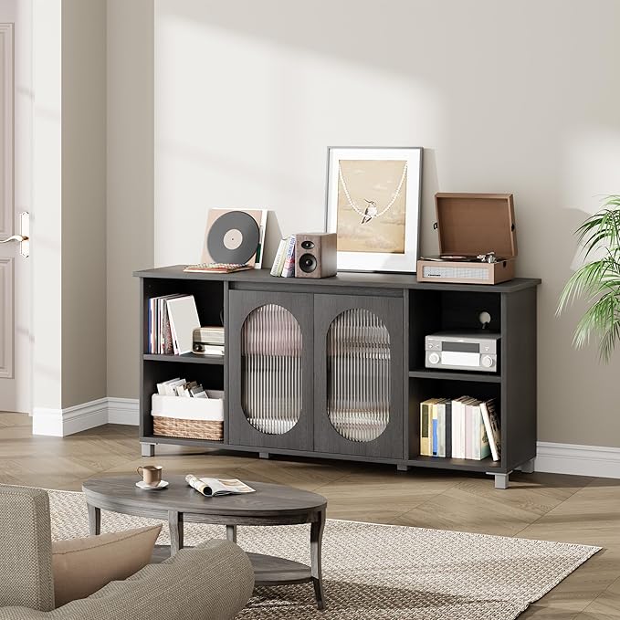 71" Modern Farmhouse TV Stand - Corrugated Glass Door Media Console with 3 Open Shelves, 15" D x 29" H Entertainment Center (Black & Dark Brown)