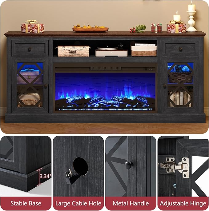 Farmhouse 70" Fireplace TV Stand with 37" Electric Fireplace, Large LED Entertainment Center with Storage for 80" TVs, TV Console Cabinet with Diamond Door for Living Room, Dark Grey