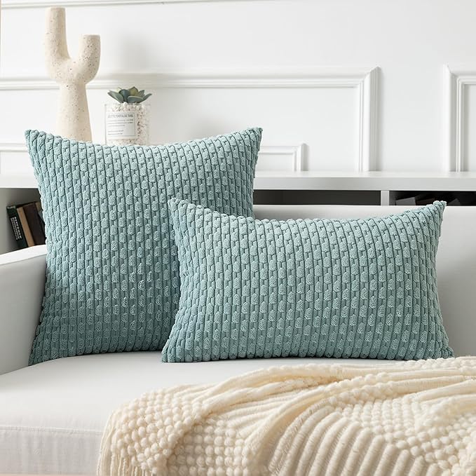 Kevin Textile Throw Pillow Covers Soft Corduroy Decorative Set of 2 Boho Striped Pillow Covers Pillowcases Farmhouse Home Decor for Couch Bed Sofa Living Room 20x20 Inch Dusty Green