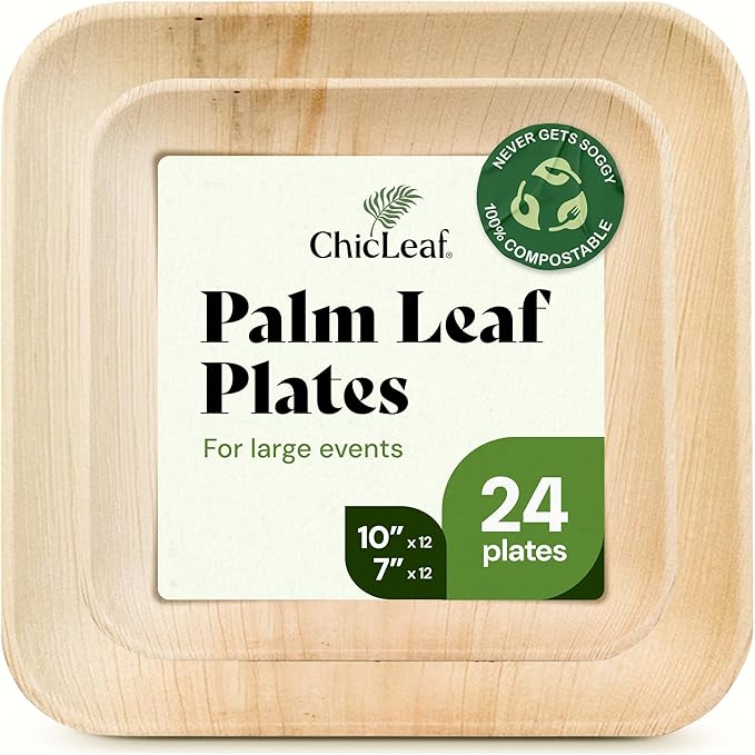 Chic Leaf Square Palm Leaf Tableware - 10" & 7", Pack of 24 - Durable Bamboo Disposable Dinnerware - Eco-Friendly Compostable Plates - Versatile Party & Appetizer Plates