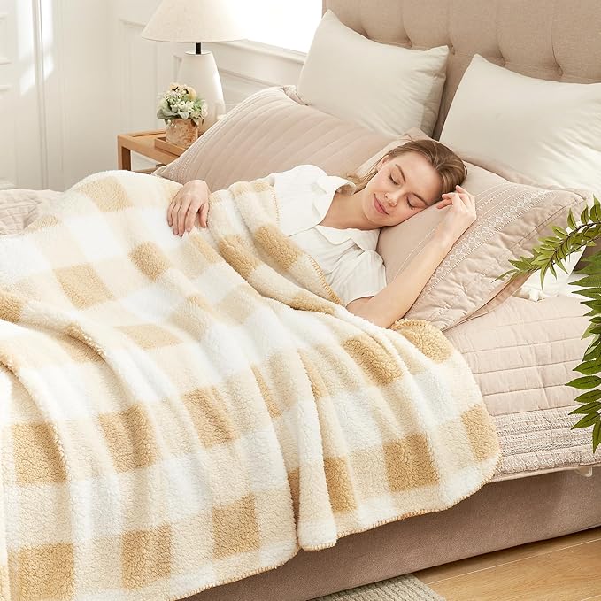 Cozy Bliss Ultra Soft Reversible Double Sherpa Sided Blanket, Buffalo Plaid Throw Blanket Fluffy Thick Warm Plush Fuzzy Blanket for Couch, Bed and Gifts (Beige, 60" x 80")