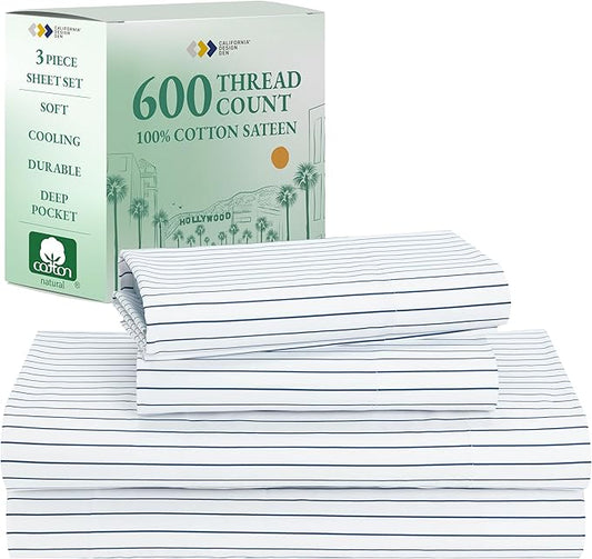 California Design Den Printed Striped Twin XL Sheets Set - Luxury 600 Thread Count, 100% Cotton Sateen, Hotel Quality Deep Pocket Extra Long Twin Sheets - Classic Blue Stripe Print