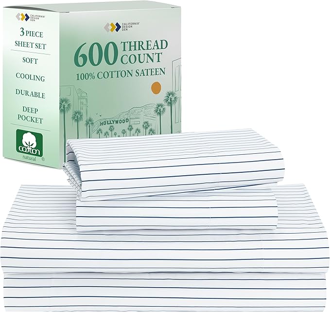 California Design Den Printed Striped Sheets Twin Size Bed Set - Luxury 600 Thread Count Sateen, Hotel Quality 100% Cotton Sheets with Deep Pockets - Classic Blue Stripe Print