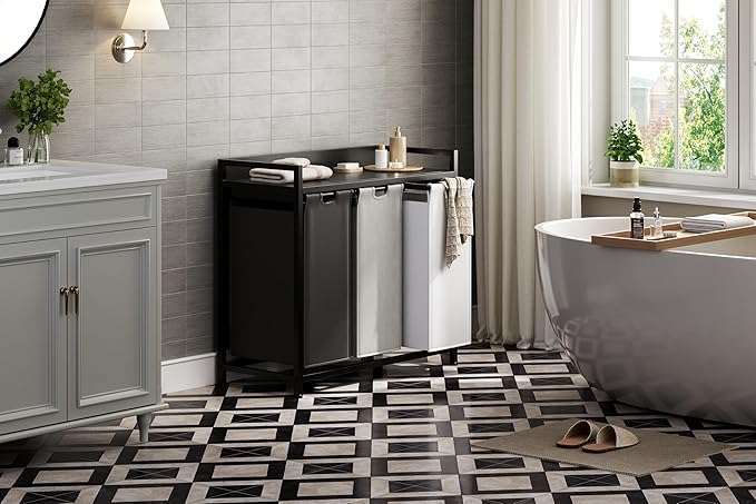 Laundry Hampers with Shelf, Laundry Basket 3 Section, Laundry Sorter with Pull-Out Removable Large 3 Color Bags and Movable Wheels, Metal Frame, 3 x 15.87 Gallons (60L), Black PF04XLK