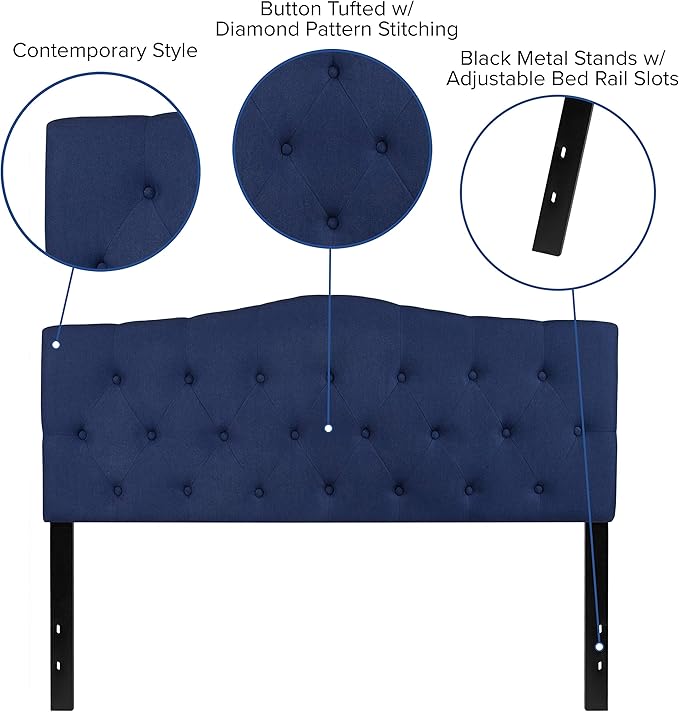 EMMA + OLIVER Tufted Upholstered Queen Size Headboard in Navy Fabric