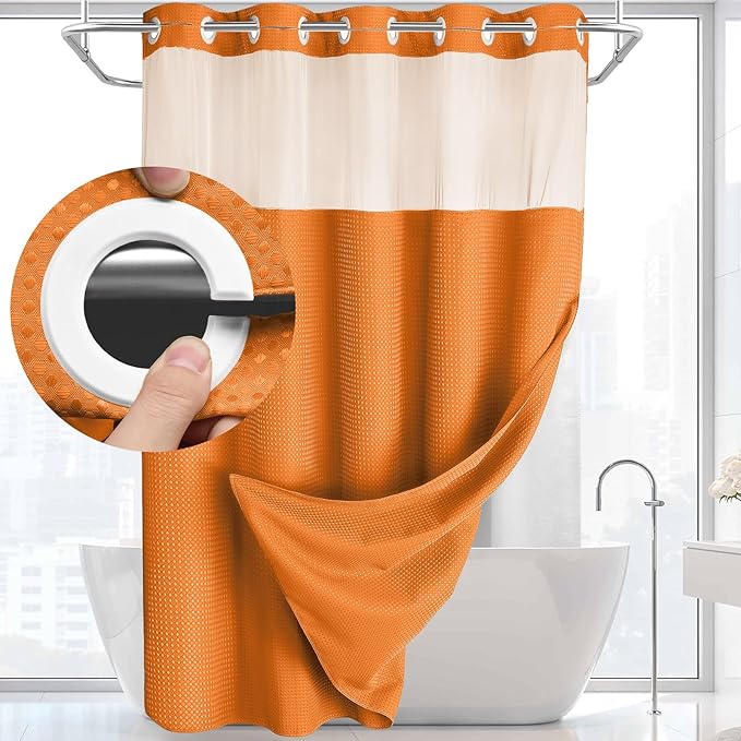 YellyHommy No Hook Shower Curtain with Snap in Liner Set Less Time Waffle Shower Curtain for Bathroom 75" L x 72" W Orange