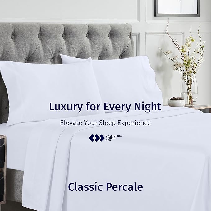 California Design Den Deep Pocket California King Sheet Set - Certified 100% Egyptian Cotton Bed Sheets, Crisp Percale, Cool & Durable Luxury Bedding Set - White