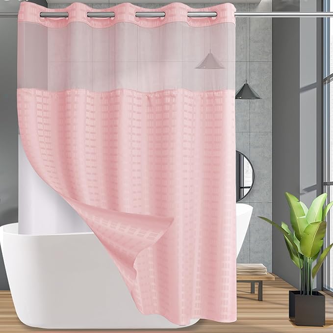 Extra Long No Hook Shower Curtain with Snap in Liner Set, Hotel Luxury Pink Shower Curtains for Bathroom with See Through Top Window, Waterproof, Washable 71W x 84H