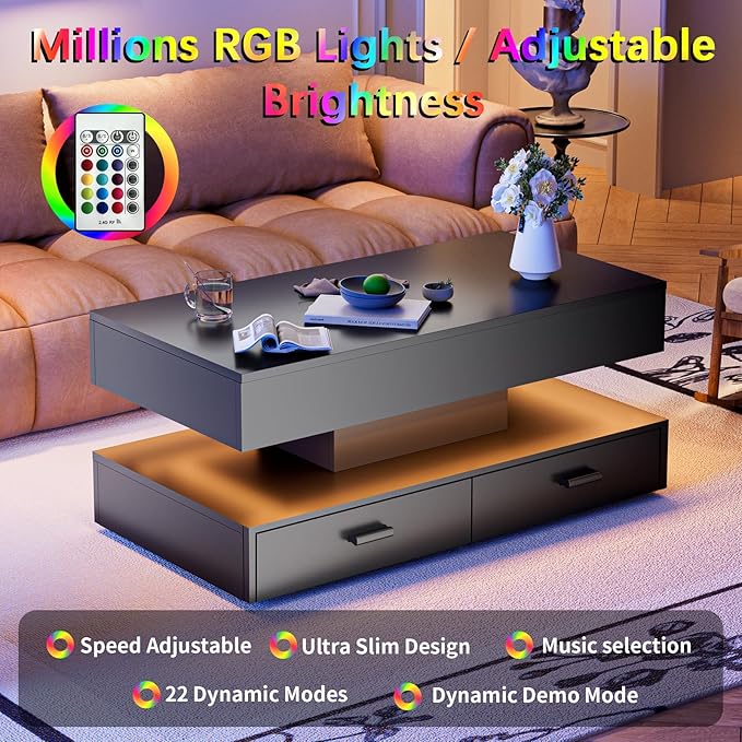 LED Coffee Table for Living Room,47.2" Large Living Room Table 2-Tier High Glossy Coffee Table with Storage,Rectangular Wooden Tea Tables for Home Office,Black